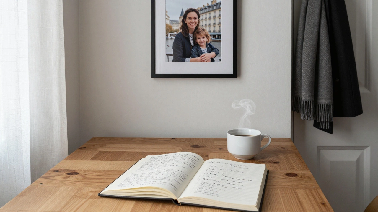 A cozy apartment desk with handwritten notes about Parisian hidden gems and a coffee cup.
