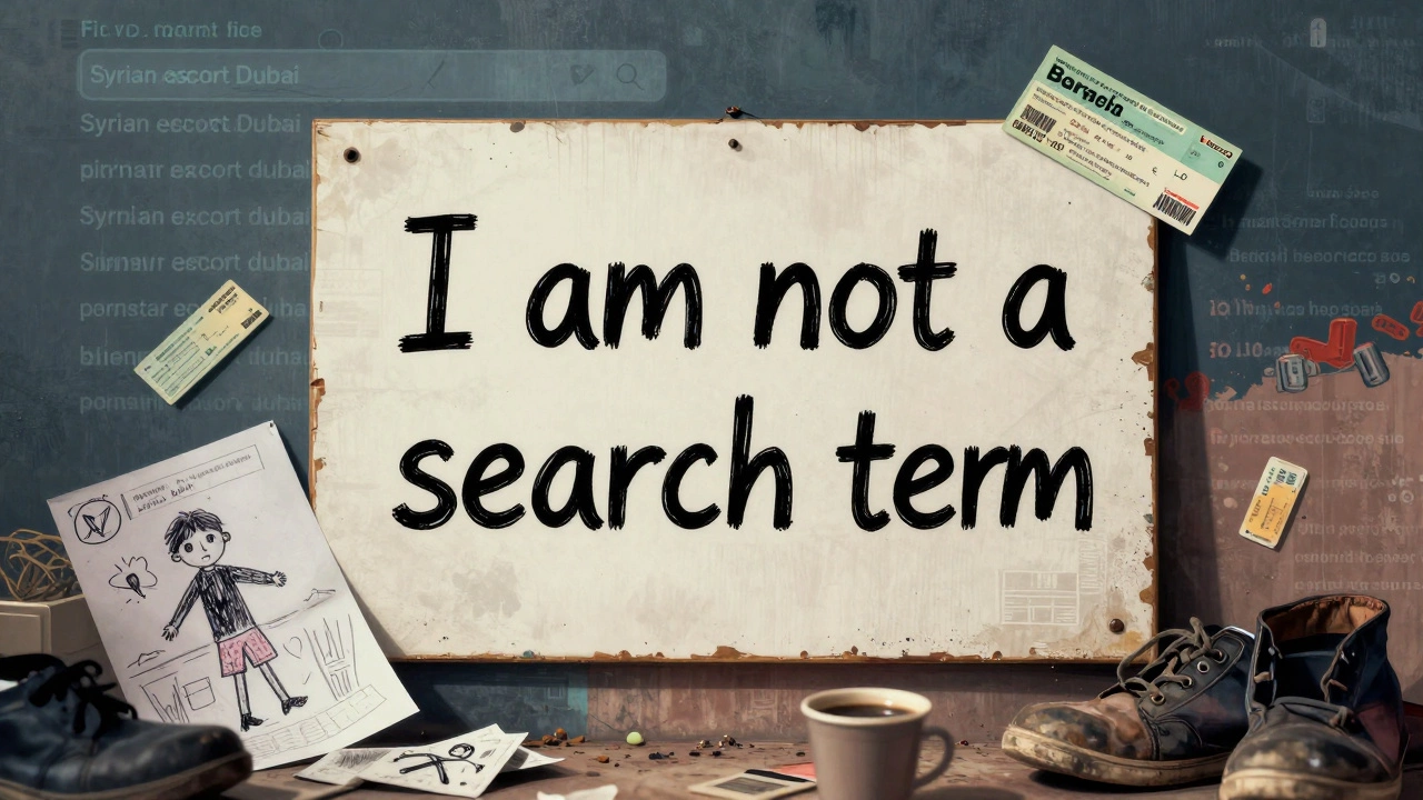 A handwritten sign saying &#039;I am not a search term&#039; surrounded by personal belongings, with fading digital search results in the background.