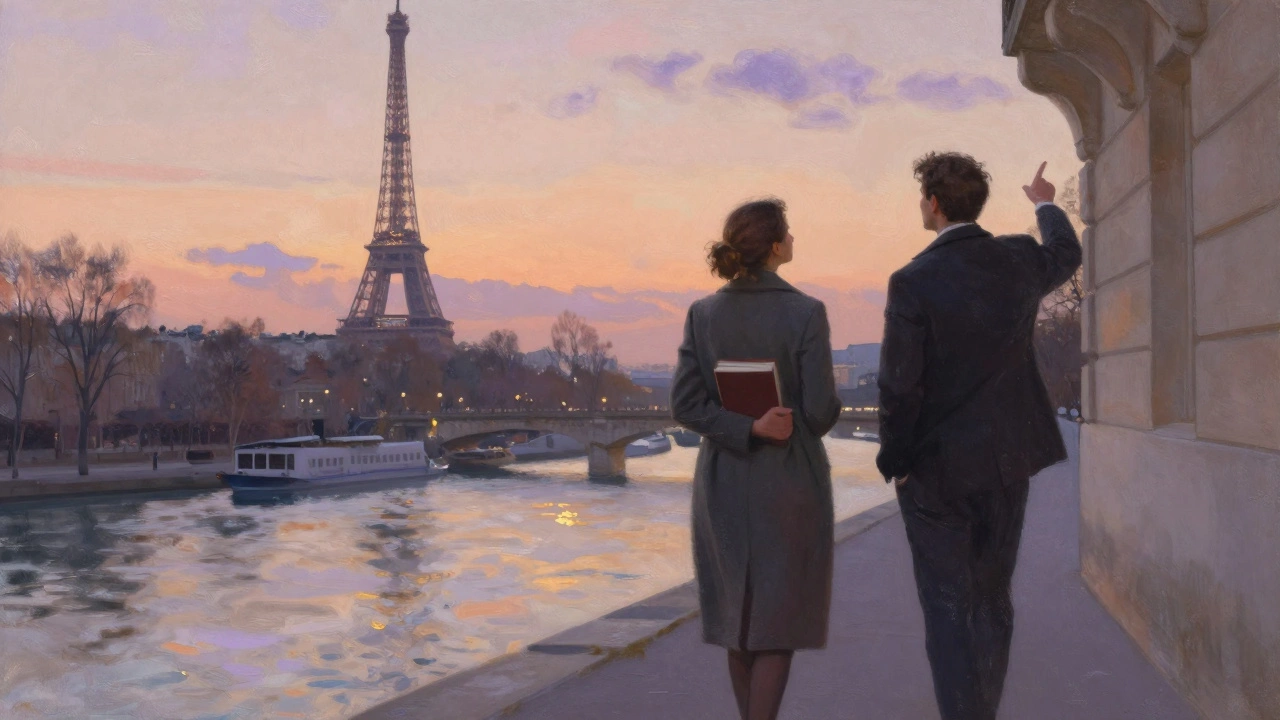 A woman and man walking along the Seine at sunset, admiring the Eiffel Tower.