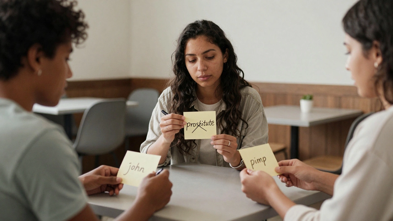 Three people at a table, crossing out harmful terms and writing respectful alternatives while listening to each other.